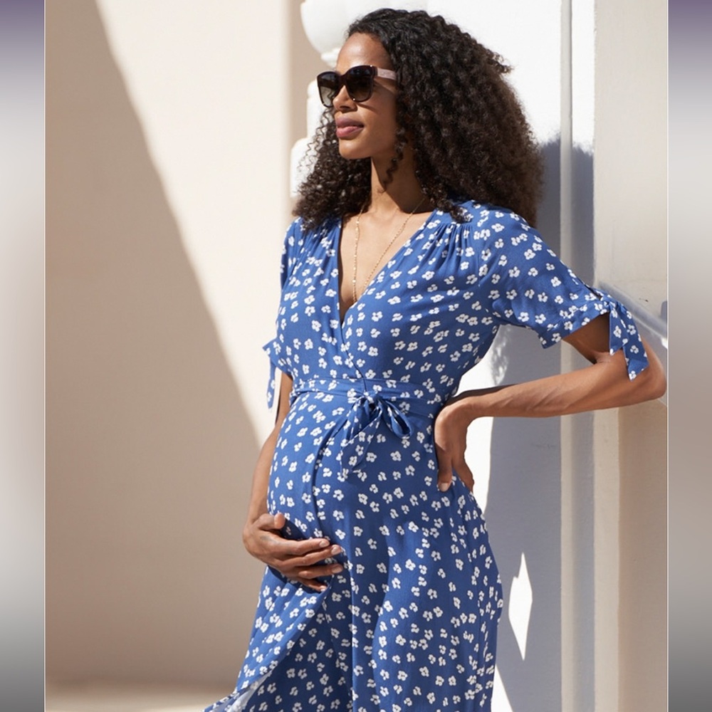 Seraphine Bessie Maternity Midi Wrap Dress Blue Women's Size 16